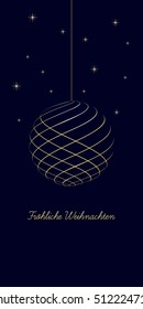 german christmas background with text Merry Christmas on dark blue background, very soft gold colored elements, christmas ball and stars, isolated illustration
