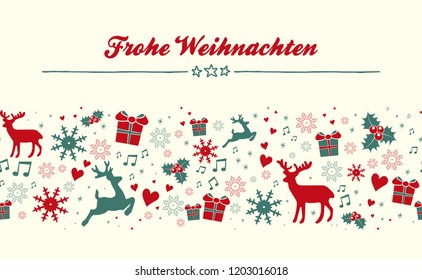 German Christmas greeting Card. Translation: Frohe Weihnachten means Merry Christmas. Seamless background with reindeer, present, mistletoe, stars, snowflakes, hearts and notes. 