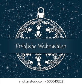 german christmas greeting card, white silhouette of christmas ball with text Frohliche Weihnachten on snowy blue background, germany holiday illustration