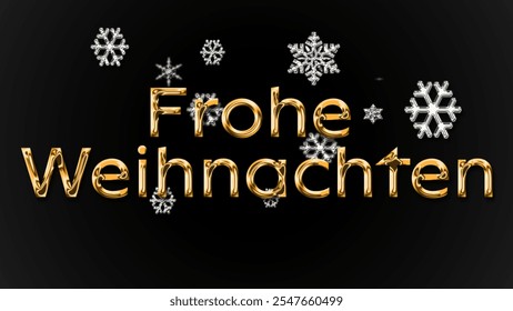 German Christmas Greeting Typography.  Merry Christmas in German greeting with golden text and snowflakes 