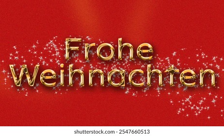 German Christmas Greeting Typography.  Merry Christmas in German greeting with golden text and shinny glitters.