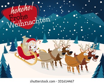 german christmas greetings Frohe Weihnachten with santa claus and reindeers