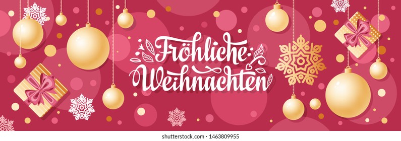 German Christmas text Frohe Weihnachten Horizontal header Christmas Top view Flat lay banner poster. Christmas typography. Happy Christmas in Deutschland. Xmas greeting card Weihnachtskarte. Frohliche