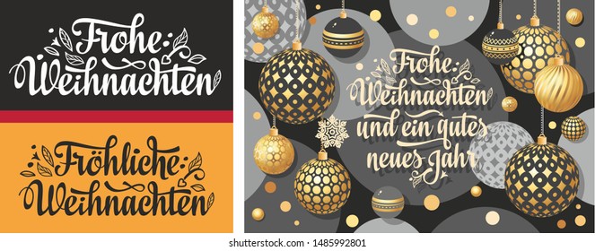 German Christmas. Weihnachten. Noel. Christmas in different languages. German Christmas Deutsche holiday Weihnachtsfest - Frohe Weihnachten, neue Jahr, Neujahrstag. 3d gold realistic balls. Deutsch