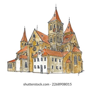 German church basilica, St Vitus Ellwangen, European city. Watercolor sketch illustration. Isolated vector.