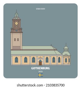 German Church in Gothenburg, Sweden. Architectural symbols of European cities. Colorful vector 