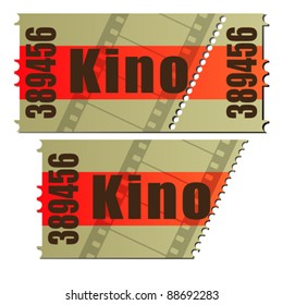 German cinema, kino movie ticket , isolated objects on white.