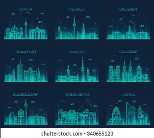 German cities. Berlin, Munich, Dresden, Frankfurt, Hamburg, Cologne, Dusseldorf, Heidelberg, Leipzig detailed silhouette. Trendy vector illustration, linear style