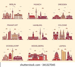 German cities. Berlin, Munich, Dresden, Frankfurt, Hamburg, Cologne, Dusseldorf, Heidelberg, Leipzig detailed silhouette. Trendy vector illustration, linear style