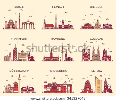German cities. Berlin, Munich, Dresden, Frankfurt, Hamburg, Cologne, Dusseldorf, Heidelberg, Leipzig detailed silhouette. Trendy vector illustration, linear style