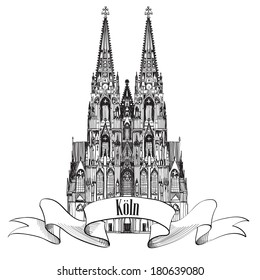 German city Cologne travel symbol.  Koln Dom Cathedral, Germany, Europe. Hand drawn sketch vector landmark symbol.