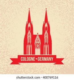 German city Cologne travel symbol.  Koln Dom Cathedral, Germany, Vector vintage silhouette with red ribbon. Landmark collection.