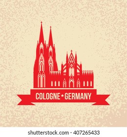 German city Cologne travel symbol.  Koln Dom Cathedral, Germany, Vector vintage silhouette with red ribbon. Landmark collection.