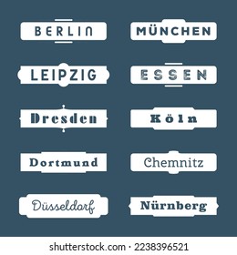 Banderas de palabra estilizadas con nombre de ciudad alemana. Carteles de texto con nombres de ciudades como Berlín, Munich, Leipzig, Essen, Dresden, Koeln, Dortmund, Chemnitz, Dusseldorf y Nuremberg.