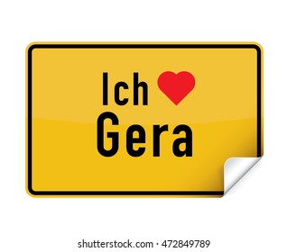 German city sign sticker ich liebe Gera with curly corner.