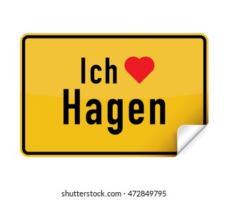 German city sign sticker ich liebe Hagen with curly corner.