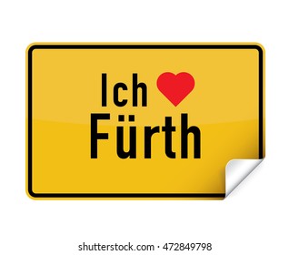 German city sign sticker ich liebe FÃ¼rth with curly corner.