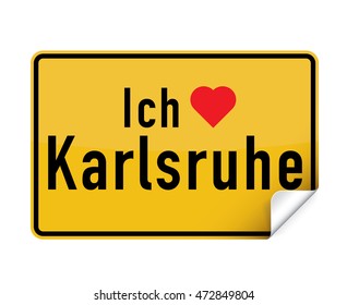 German city sign sticker ich liebe Karlsruhe with curly corner.