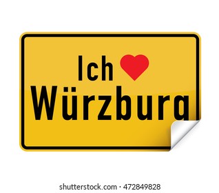 German city sign sticker ich liebe WÃ¼rzburg with curly corner.