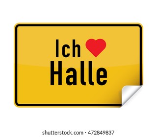 German city sign sticker ich liebe Halle with curly corner.