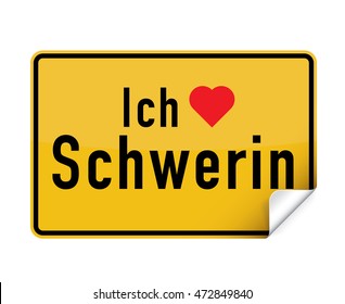 German city sign sticker ich liebe Schwerin with curly corner.