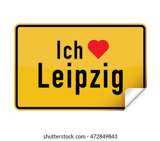 German city sign sticker ich liebe Leipzig with curly corner.