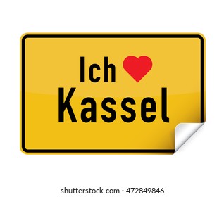 German city sign sticker ich liebe Kassel with curly corner.