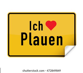 German city sign sticker ich liebe Plauen with curly corner.