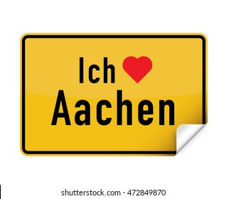 German city sign sticker ich liebe Aachen with curly corner.