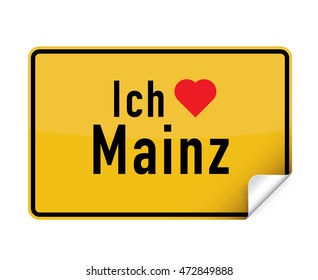 German city sign sticker ich liebe Mainz with curly corner.