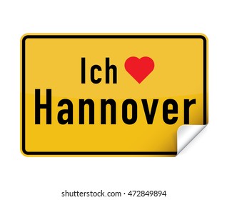 German city sign sticker ich liebe Hannover with curly corner.