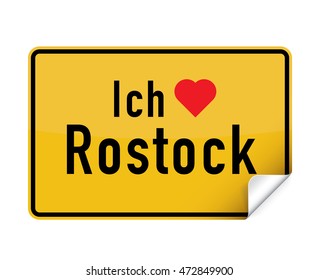 German city sign sticker ich liebe Rostock with curly corner.