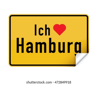 German city sign sticker ich liebe Hamburg with curly corner.