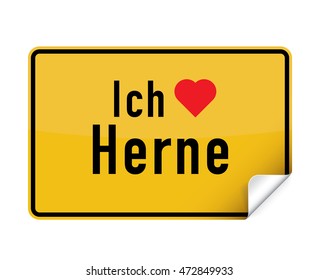 German city sign sticker ich liebe Herne with curly corner.