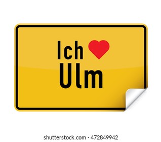 German city sign sticker ich liebe Ulm with curly corner.