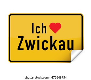 German city sign sticker ich liebe Zwickau with curly corner.