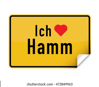 German city sign sticker ich liebe Hamm with curly corner.