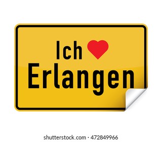 German city sign sticker ich liebe Erlangen with curly corner.