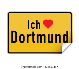 German city sign sticker ich liebe Dortmund with curly corner.