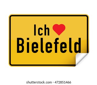 German city sign sticker ich liebe Bielefeld with curly corner.