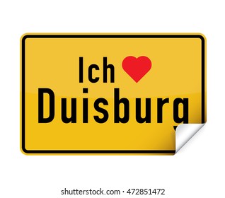 German city sign sticker ich liebe Duisburg with curly corner.