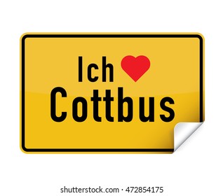 German city sign sticker ich liebe Cottbus with curly corner.