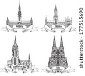 German city travel attraction set. Hamburg, Munich, Cologne, Frankfurt am Main, Germany, Europe. Landmark sign collection.