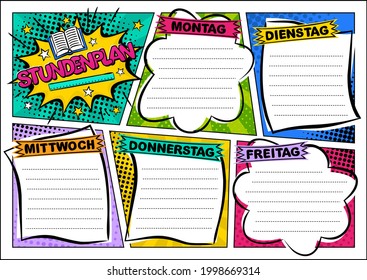 German Comic template of a school schedule for 5 days of the week. Cartoon Blank for a list of school subjects. Transaltion: Timetable, Monday, Tuesday, Wednesday, Thursday, Friday. Vector popart
