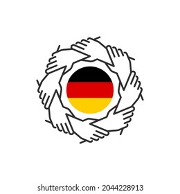 German community teamwork icon. Unity and cooperation concept. People holding hands around German flag.