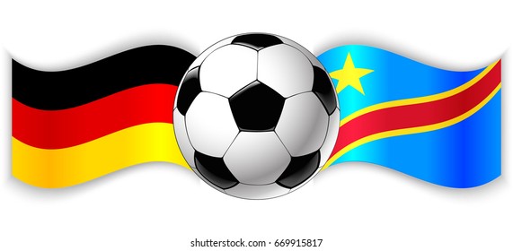 German and Congolese wavy flags with football ball. Germany combined with Democratic Republic of the Congo isolated on white. Football match or international sport competition concept.