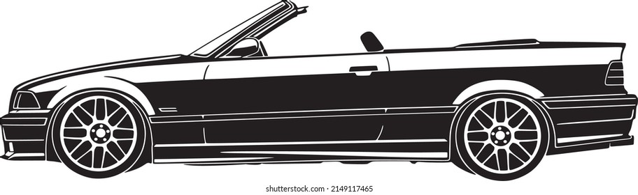 German convertible from the 90s in side view. Black vehicle on transparent background. Can be plotted immediately