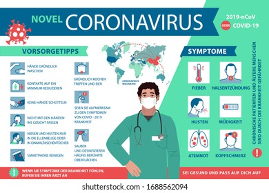 German Coronavirus 2019-nCoV infographic symptoms and prevention tips. 2019-nCoV Covid causes, symptoms and spreading. Coronovirus alert. Virus protection tips.