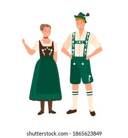 German couple wearing traditional bavarian costumes. Man in national folk shorts, suspenders and hat. Woman in ornamented dress decorated with embroidery. Flat vector illustration isolated on white