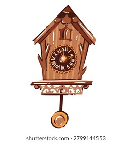 German Cuckoo Clock with wooden chalet case, roman dial, carved trim, pendulum and small bird door. Black Forest decor with German Cuckoo Clock, hand drawn naive vector illustration.